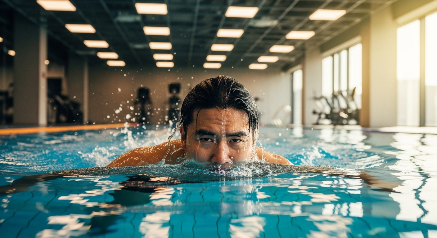 실내 수영장에서 집중해서 수영하는 남성의 모습