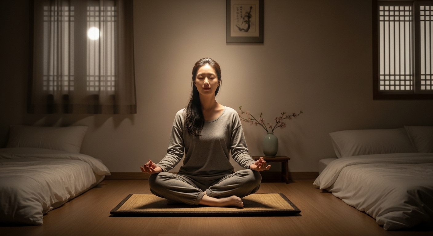 조용한 침실에서 명상을 하고 있는 여성의 평화로운 모습