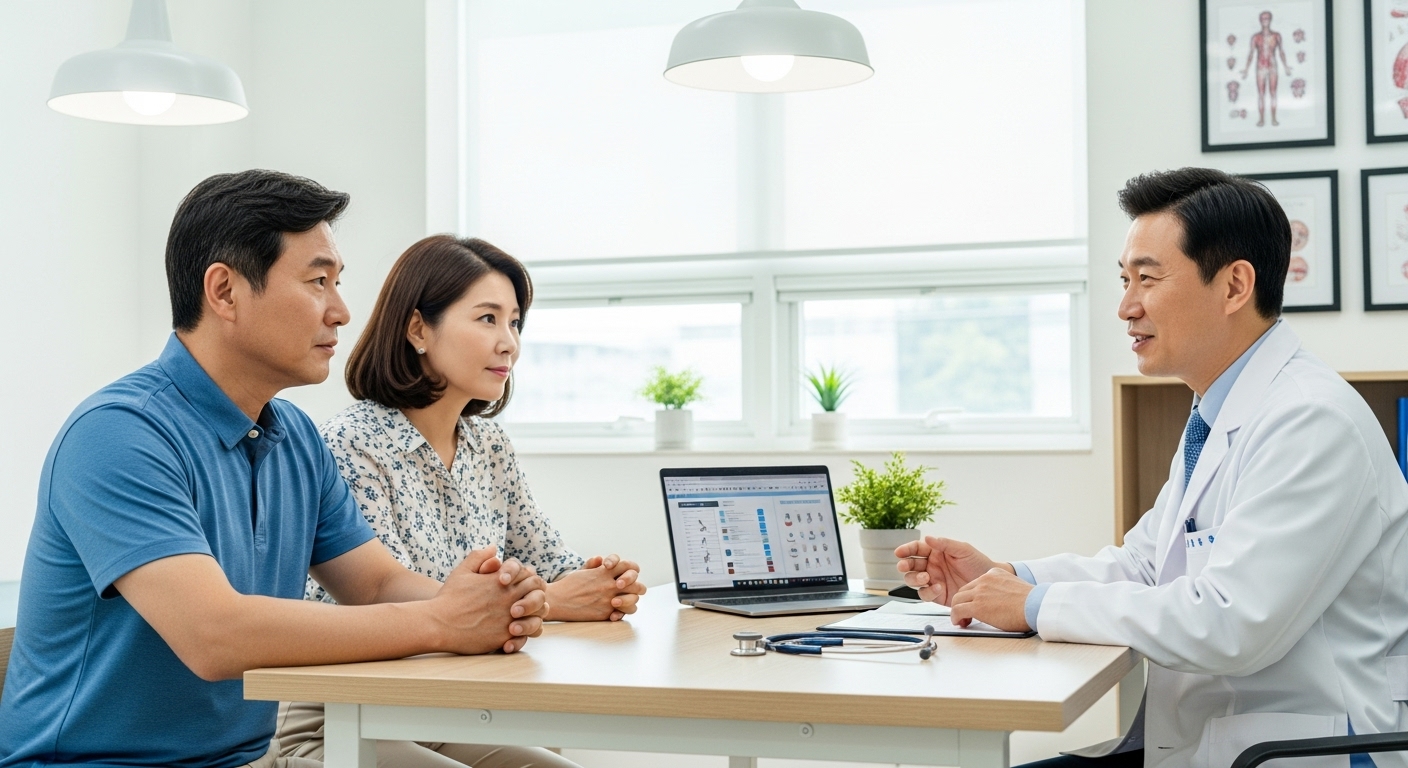 밝은 진료실에서 의사와 함께 건강 상담을 받는 중년 부부의 모습