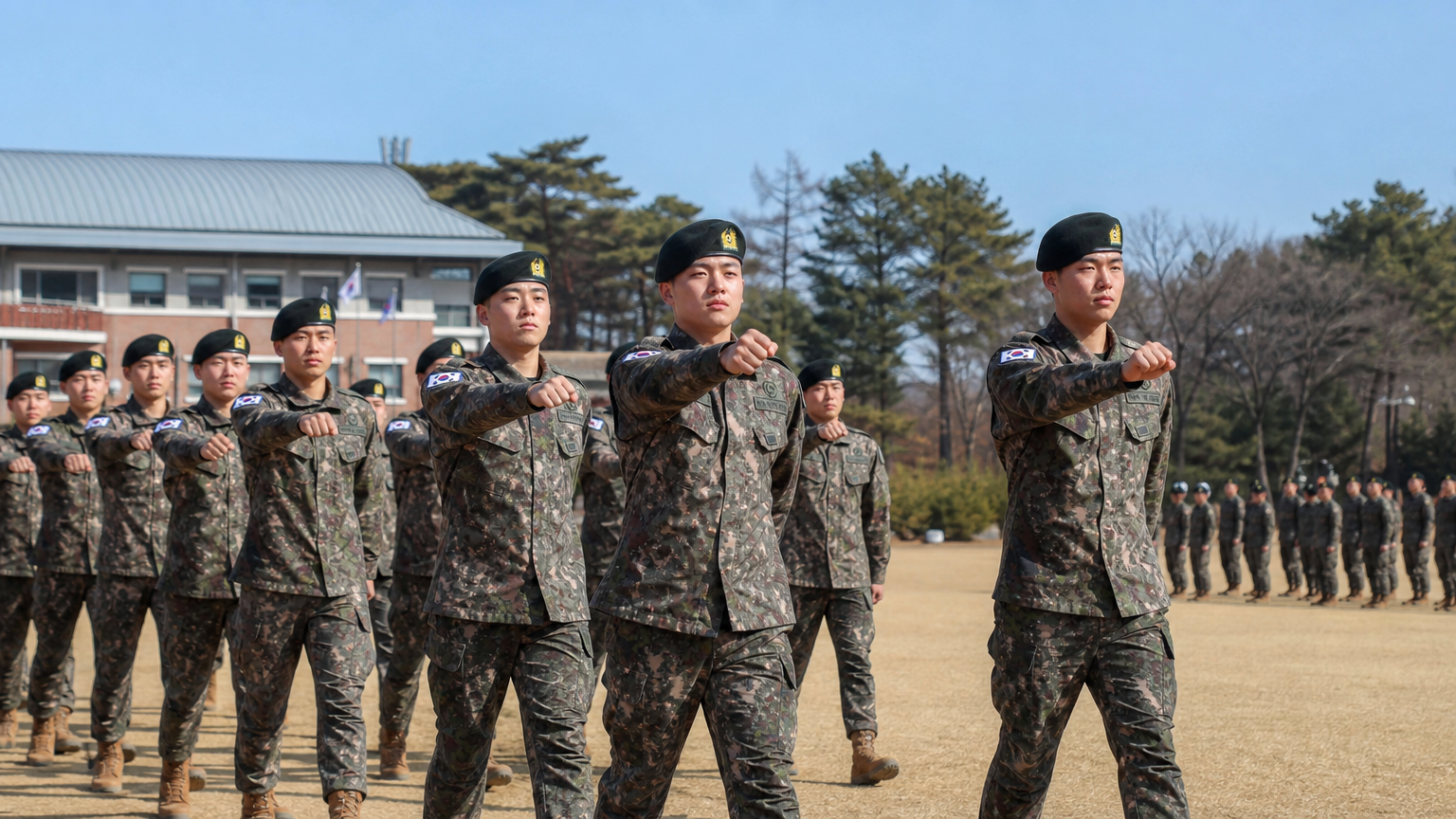 맑은 하늘 아래 군복을 입고 연병장에서 제식훈련을 받는 한국군 훈련병들