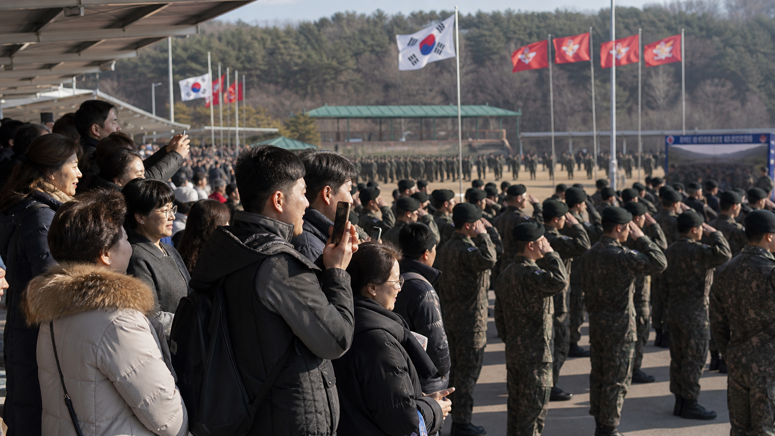 군기 게양대 앞에서 아들이 경례하는 모습을 바라보며 자랑스러워하는 한국 가족들