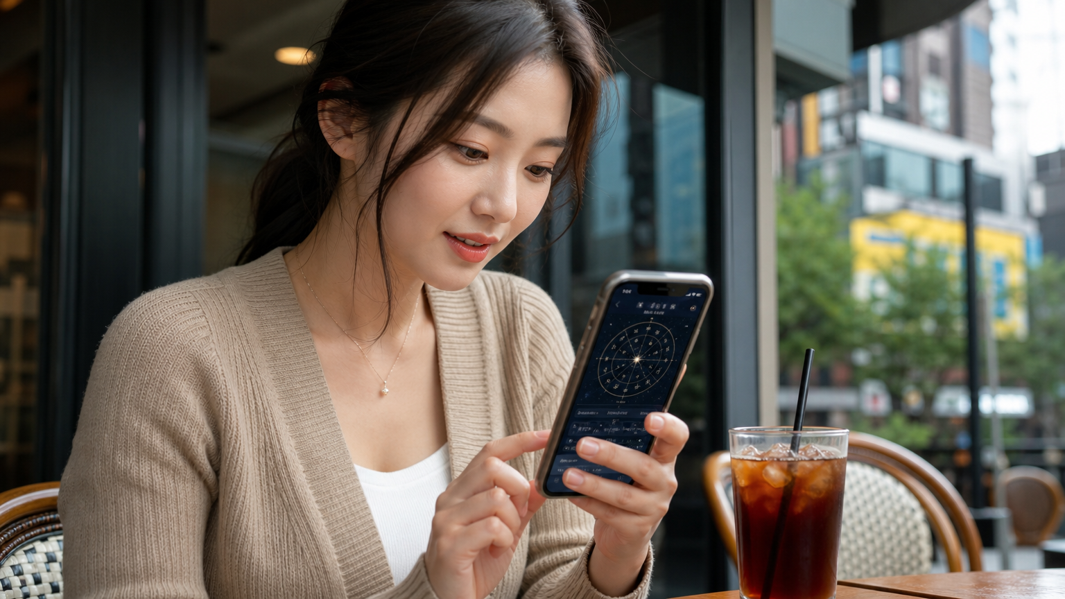 카페 테이블에 앉아 스마트폰으로 디지털 점성술 앱을 탐색하는 현대적인 여성