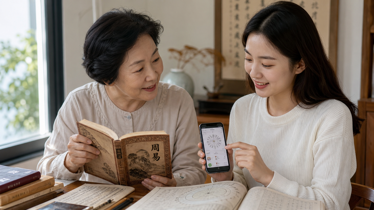 전통 책과 스마트폰 앱을 통해 사주를 논의하는 두 세대 여성