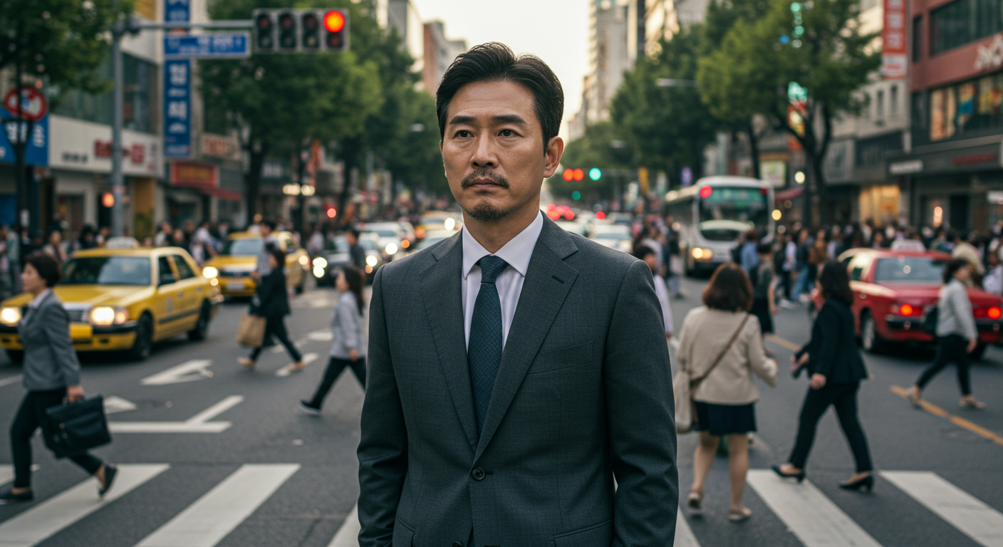 출퇴근 시간 도심의 교차로에서 정장을 입고 생각에 잠긴 중년 남성 모습