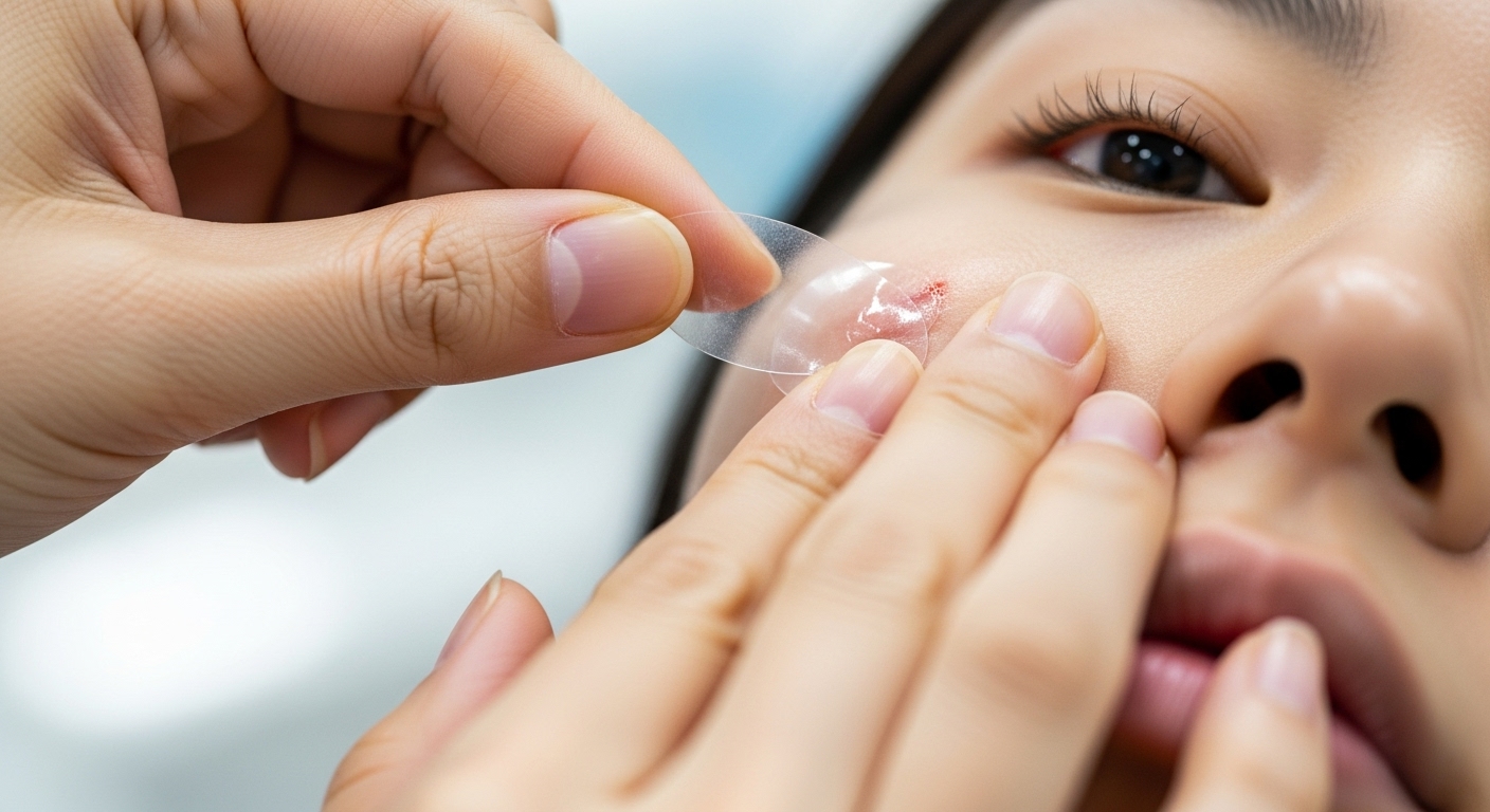 깨끗한 환경에서 얼굴 상처에 하이드로콜로이드 드레싱을 부드럽게 붙이는 손