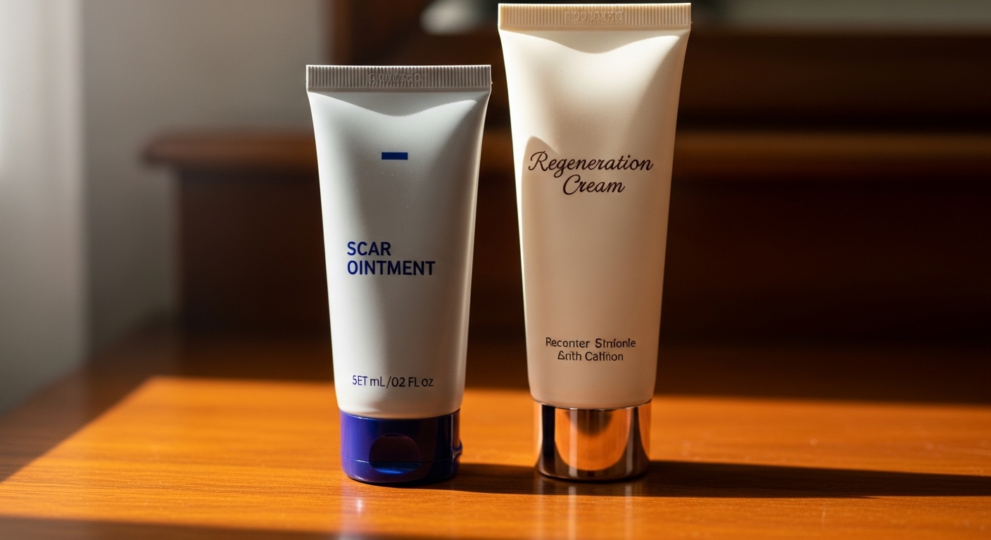 스킨케어 제품인 흉터 연고와 재생 크림이 나란히 놓여 있는 모습