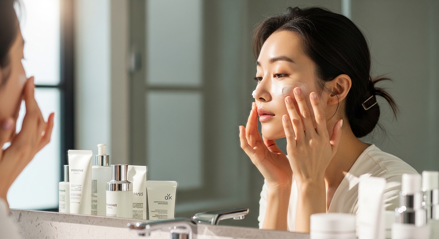 햇살이 비치는 욕실에서 여성이 거울 앞에 서서 스킨케어를 하는 모습