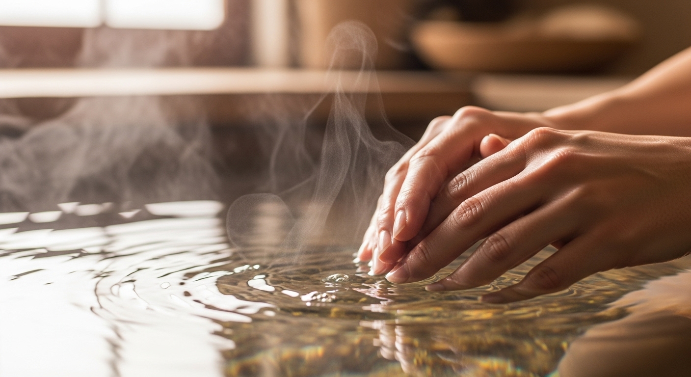 따뜻한 물로 손목을 이완하는 모습