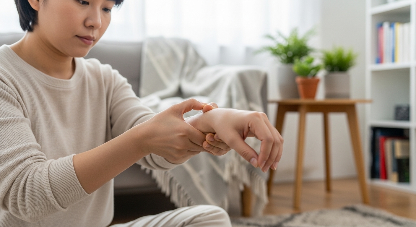 손목 마사지와 스트레칭을 하는 모습