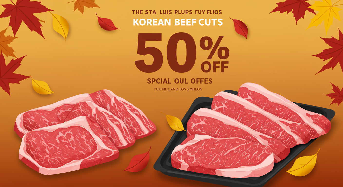 가을 테마의 포스터에 프리미엄 한우와 50% 할인 문구가 강조된 모습