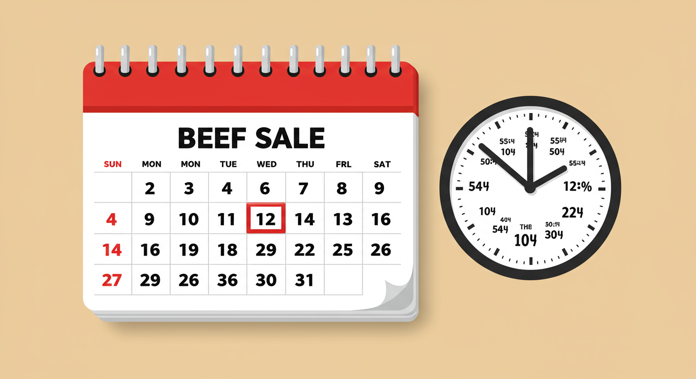 달력과 시계로 한우 세일 기간과 매장별 시간을 강조한 그림