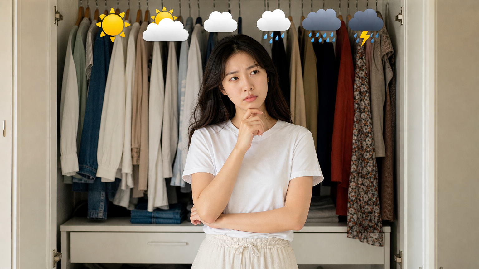 다양한 날씨 아이콘이 있는 옷장 앞에서 어떤 옷을 입을지 고민하는 여성