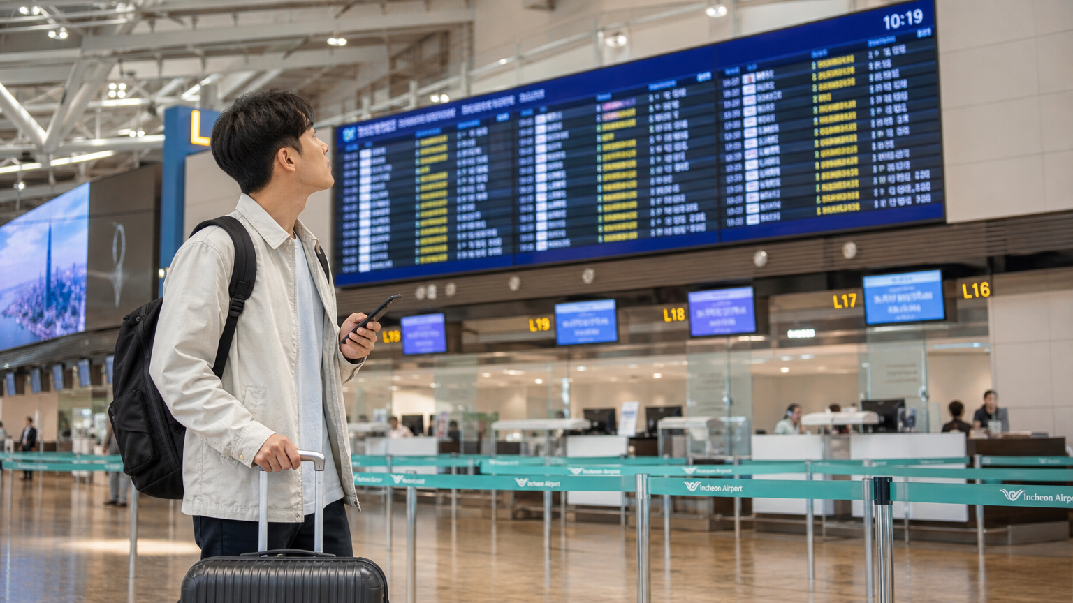 한국인 여행자가 공항 체크인 카운터에서 스마트폰과 캐리어를 들고 비행 정보를 확인하는 모습