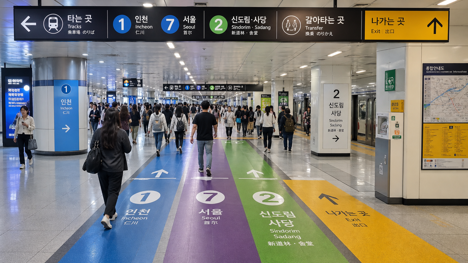 부평역 내 명확한 색상 표식으로 안내되는 복잡한 환승 통로