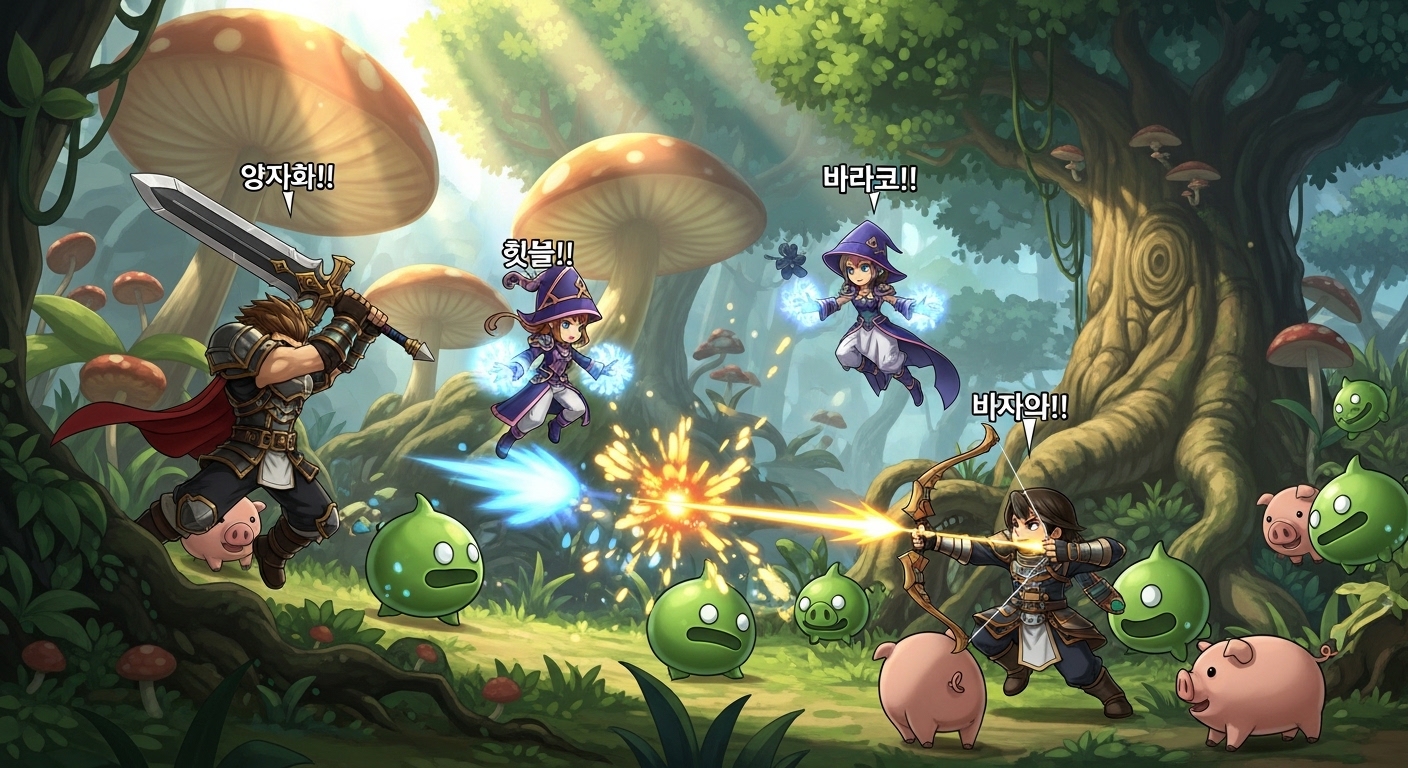 엘리니아 숲에서 몬스터와 싸우는 게임 속 장면