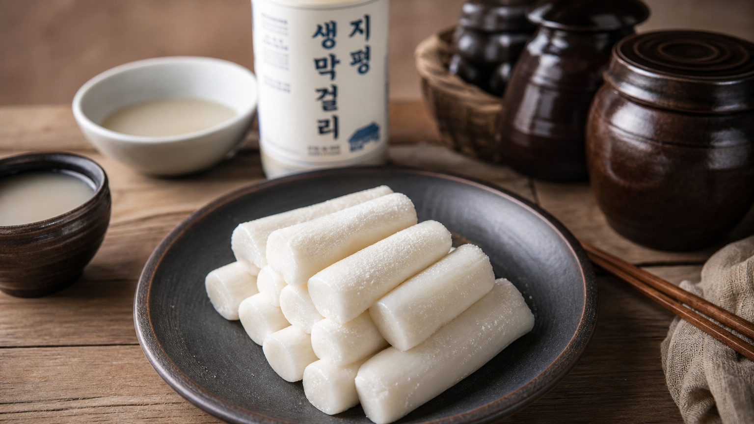 막걸리 향이 나는 한국식 떡이 나무 주방 테이블 위에 놓여 있는 모습