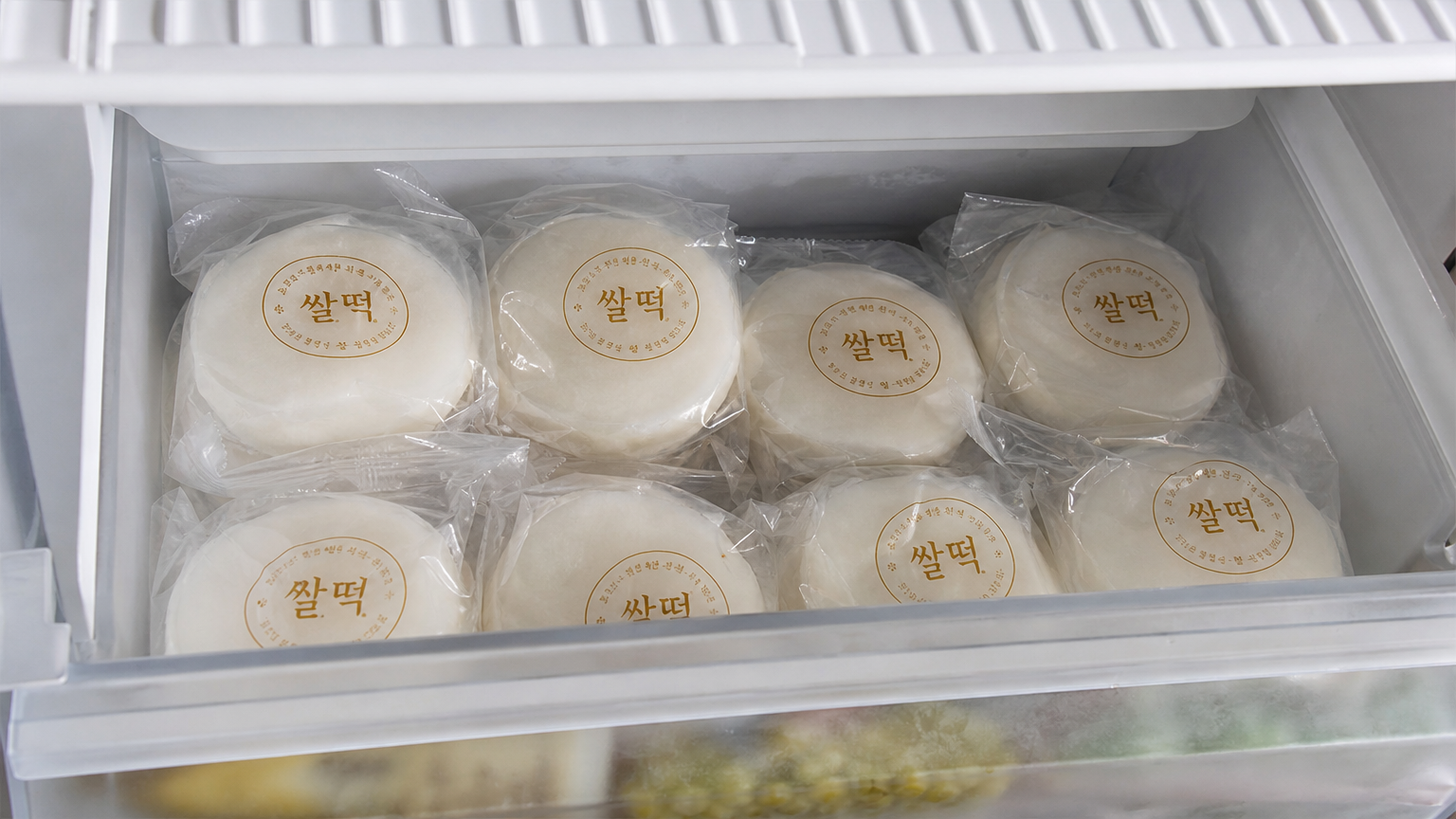 개별 포장된 떡이 냄새 흡수를 방지하기 위해 냉동실에 깔끔하게 정리되어 있는 모습