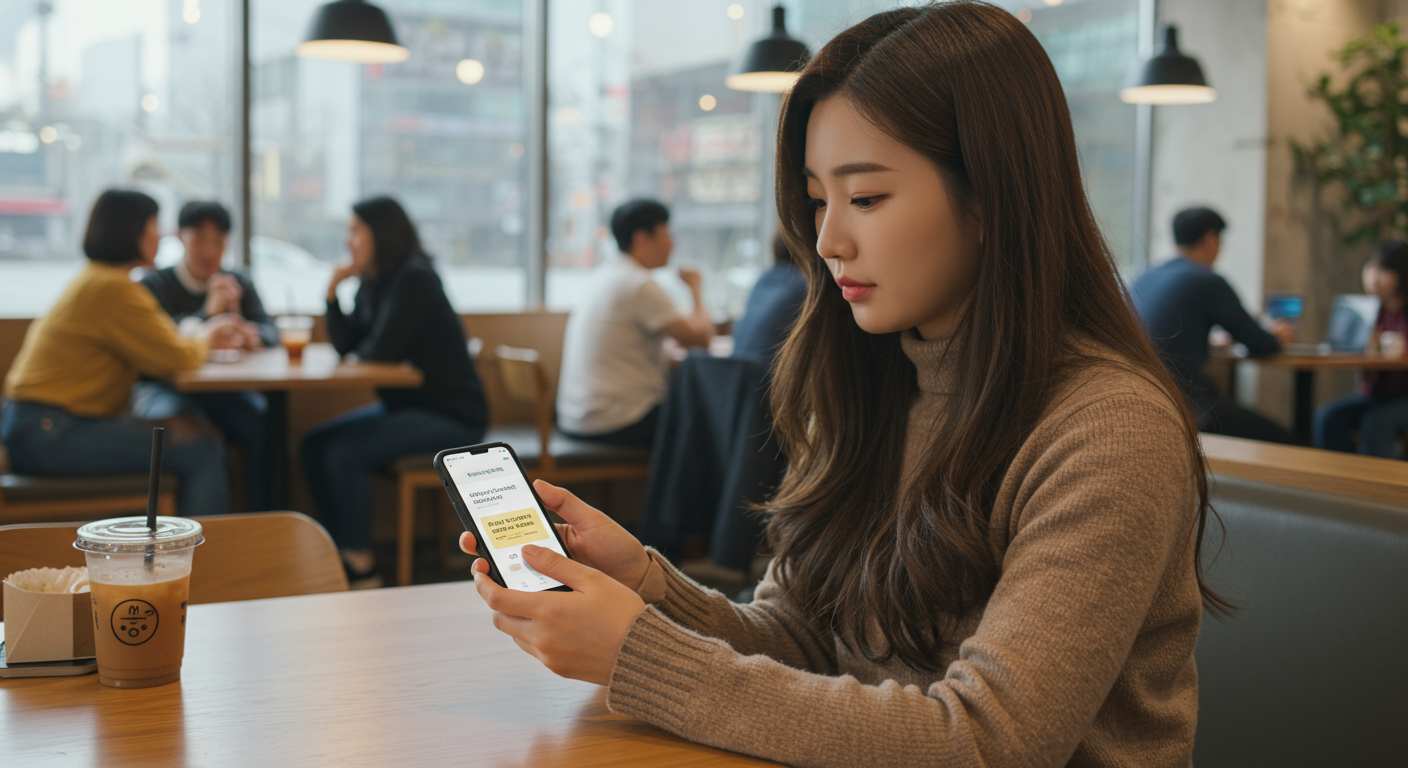 시내 카페에서 스마트폰으로 카카오페이를 통해 쿠폰 신청하는 젊은 여성