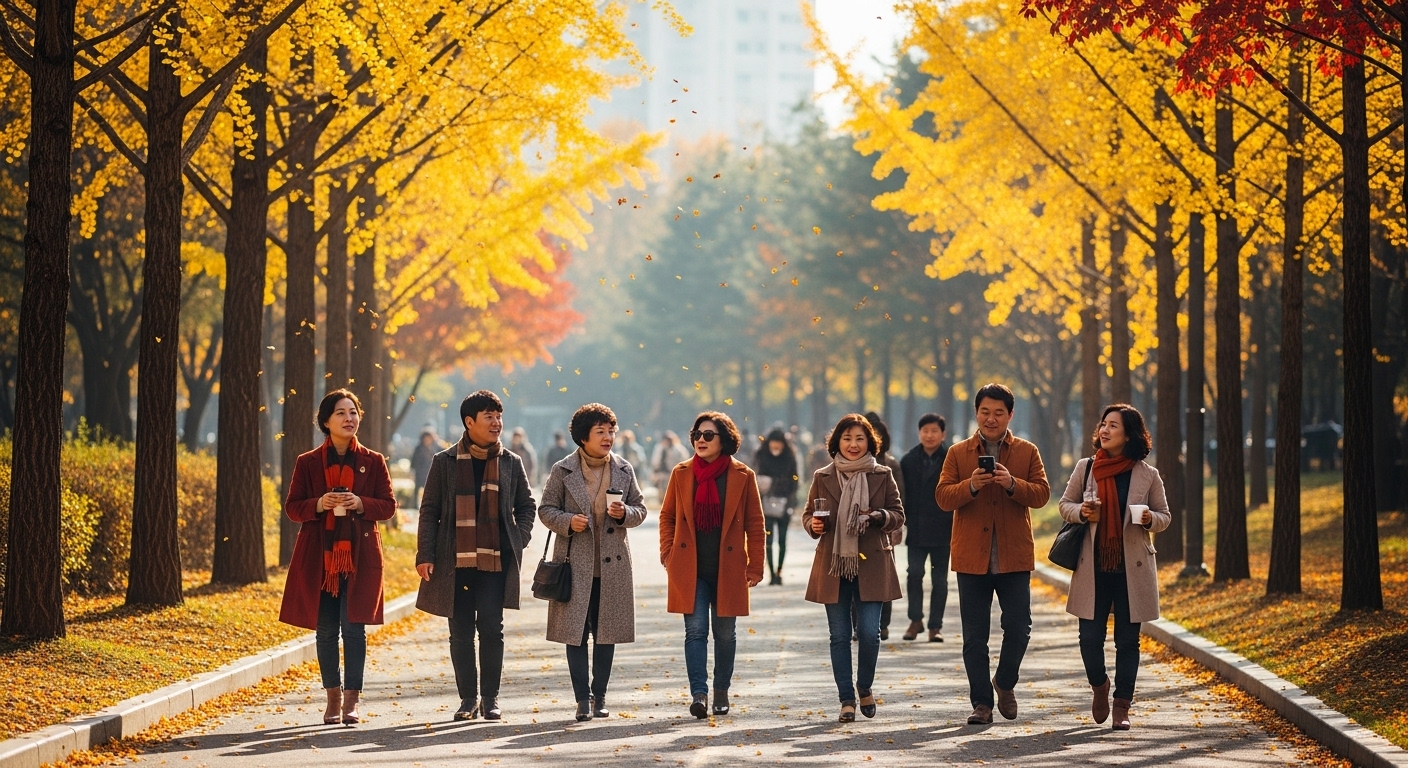 가을 공원에서 계절에 맞는 옷을 입고 산책하는 사람들