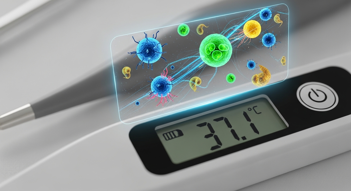 체온계가 37도를 가리키고 있는 모습과 활발한 면역 세포 디지털 이미지