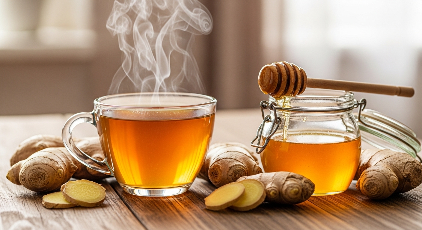 나무 테이블 위에 놓인 따뜻한 생강차 한 잔과 신선한 생강 뿌리 및 꿀 병
