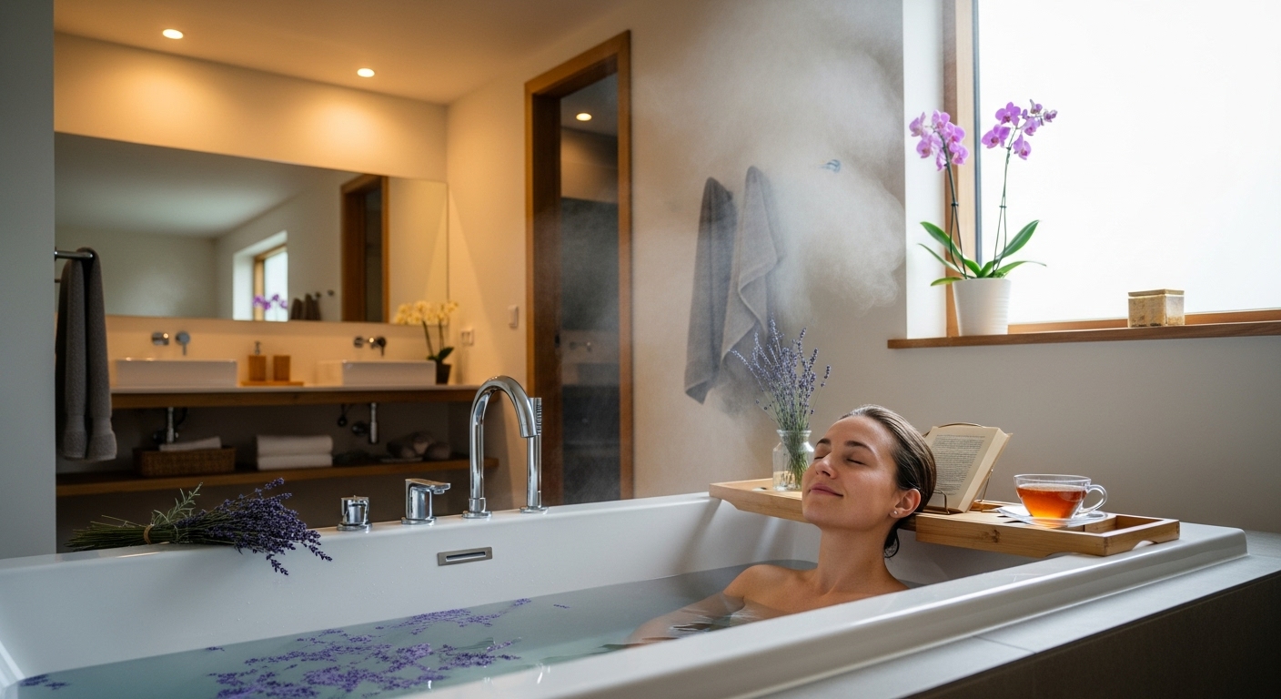 현대적인 욕실에서 라벤더 오일이 첨가된 반신욕을 즐기는 모습