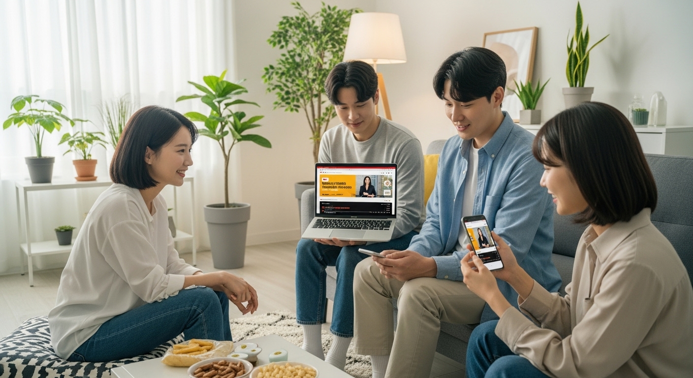 젊은 사람들이 집에서 노트북과 스마트폰으로 유튜브 건강 채널을 시청하는 모습