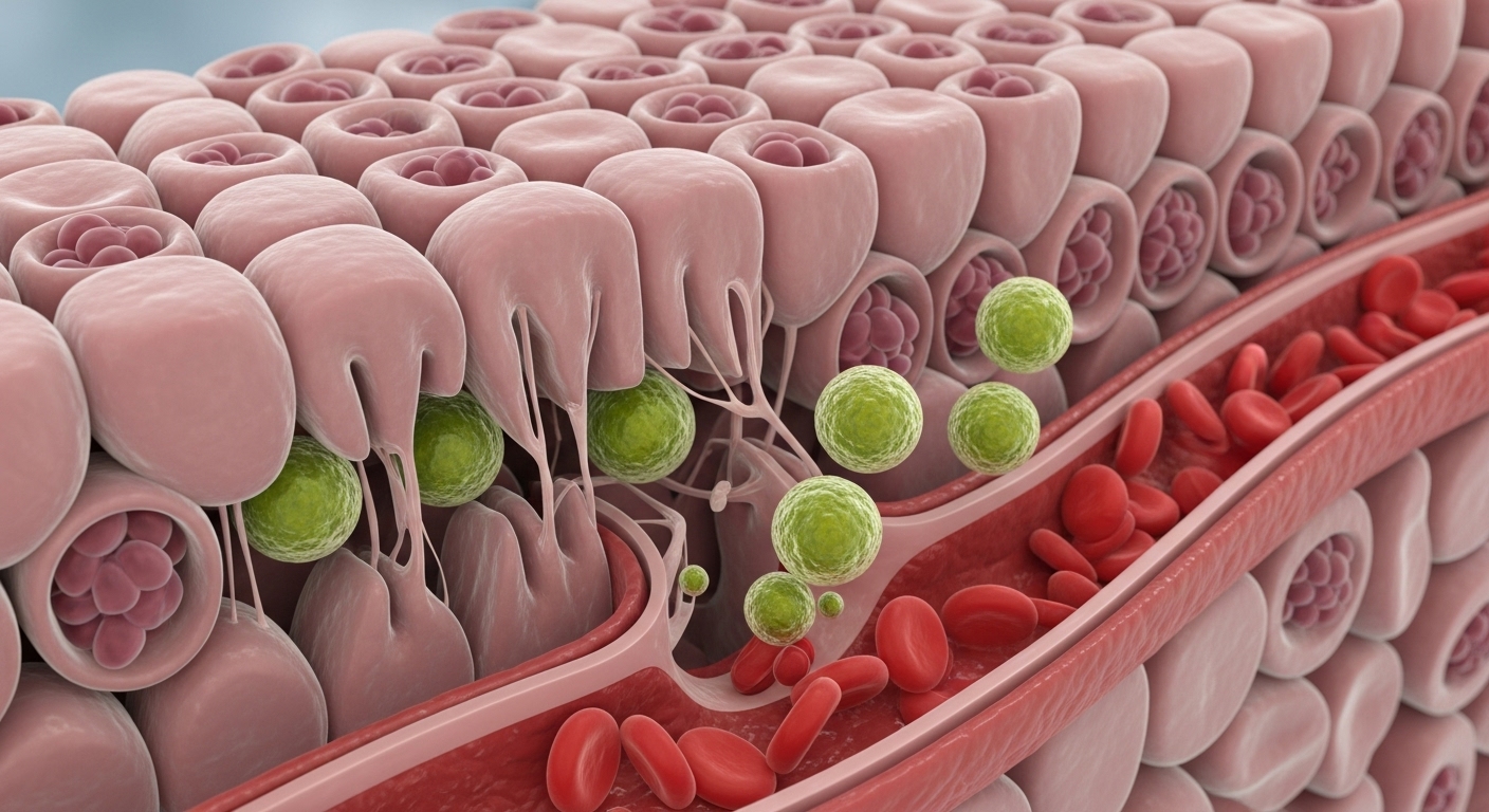 장 점막의 밀착연접이 느슨해지고 독소가 혈류로 들어가는 과정을 보여주는 과학적 일러스트레이션