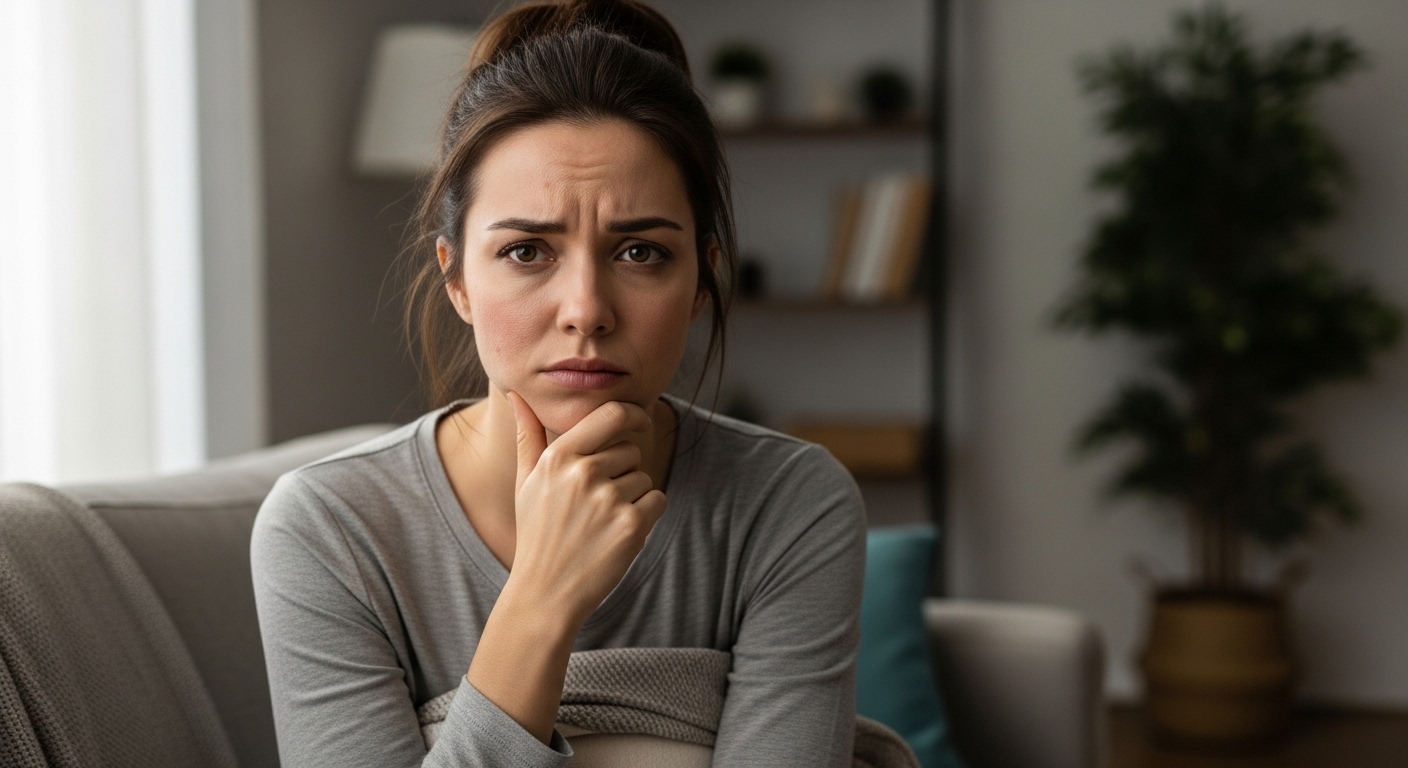 피로와 피부 문제 등 다양한 증상을 겪고 있는 한국 여성이 집에서 고민하는 모습