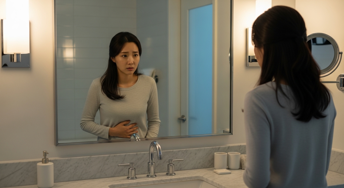 거울 앞에서 복부를 만지며 고민하는 여성의 모습