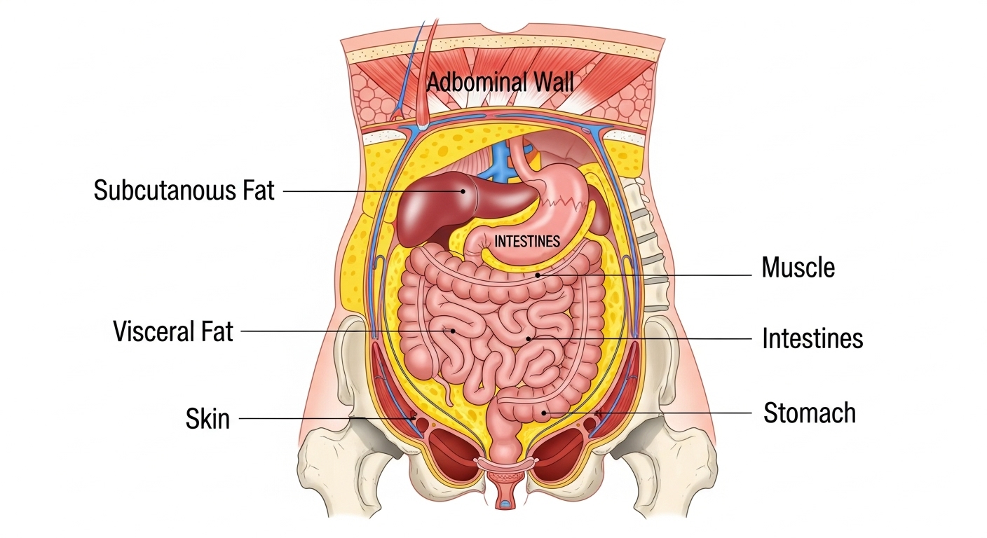 인간 복부의 단면도에 표시된 피하지방과 내장지방