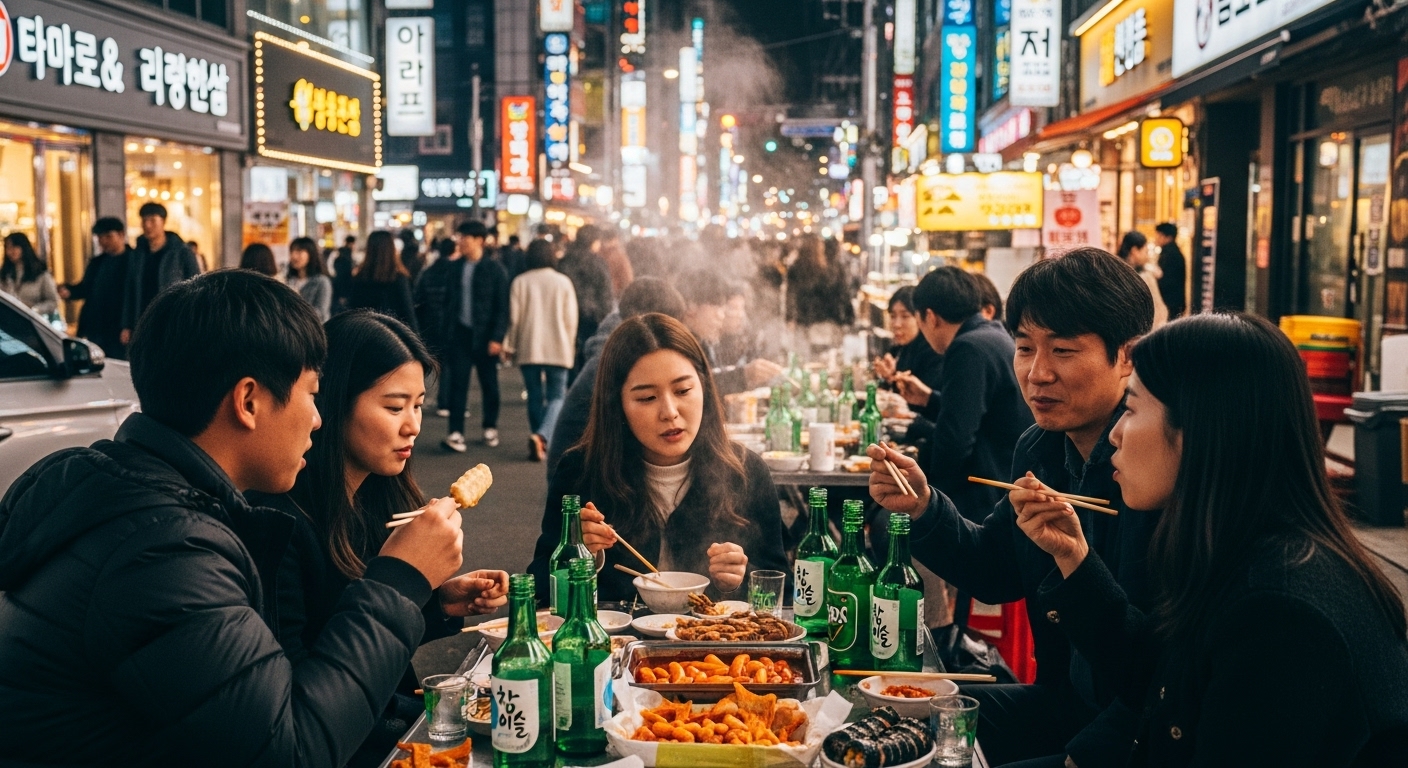 야식과 음주를 즐기는 사람들로 붐비는 도시 거리 풍경