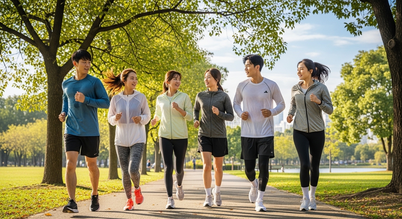 공원에서 조깅하며 건강한 삶을 즐기는 젊은이들