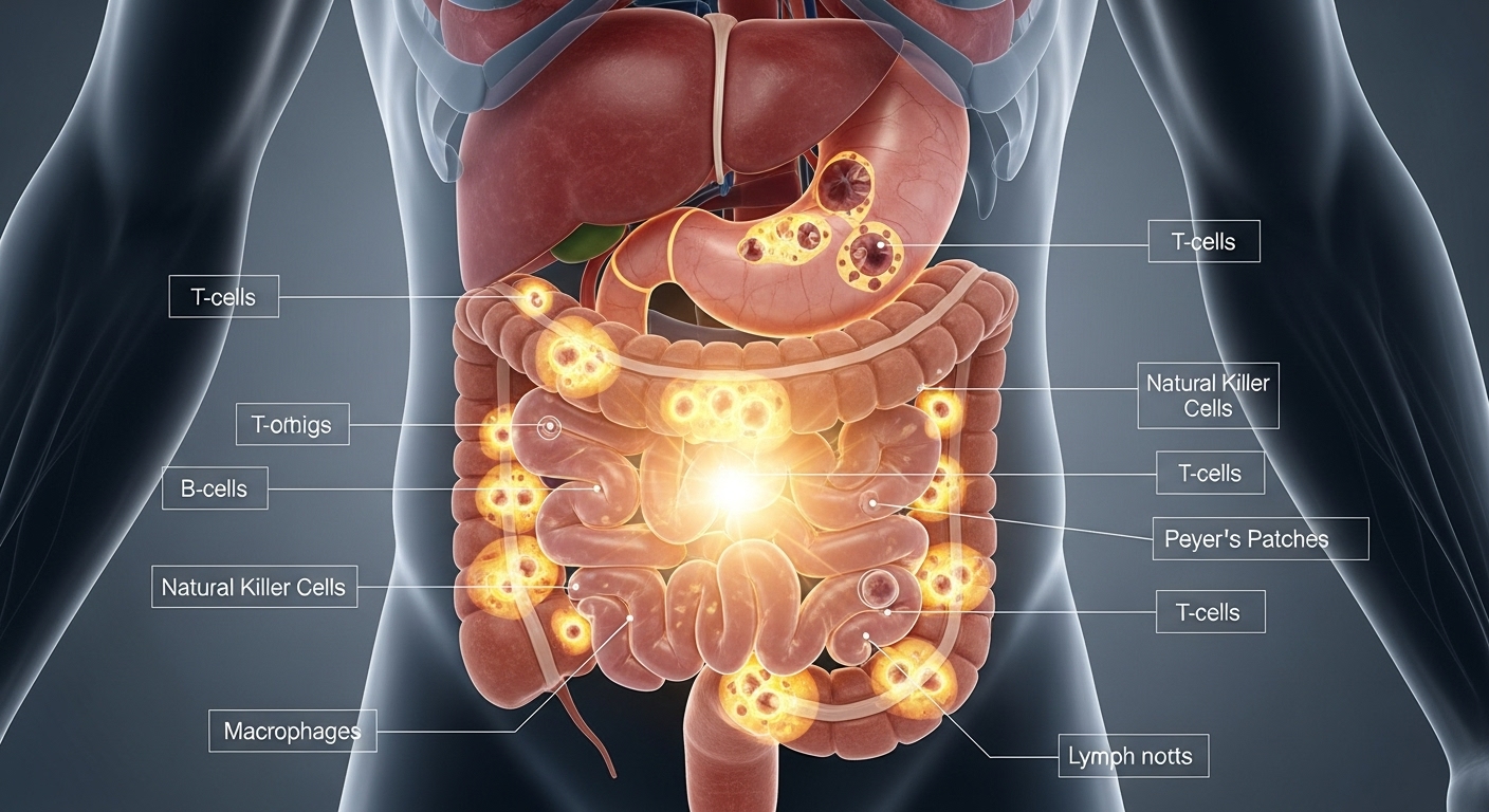 인체 단면도에서 빛나는 효과로 강조된 장의 면역 기능