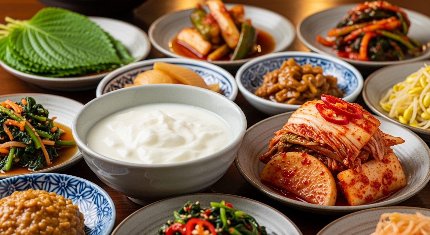 다양한 발효식품들이 전통적인 한국 식탁에 놓여 있는 모습