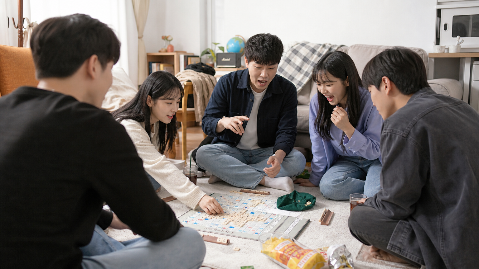 주말 오후에 젊은이들이 거실에서 끝말잇기를 즐기는 모습