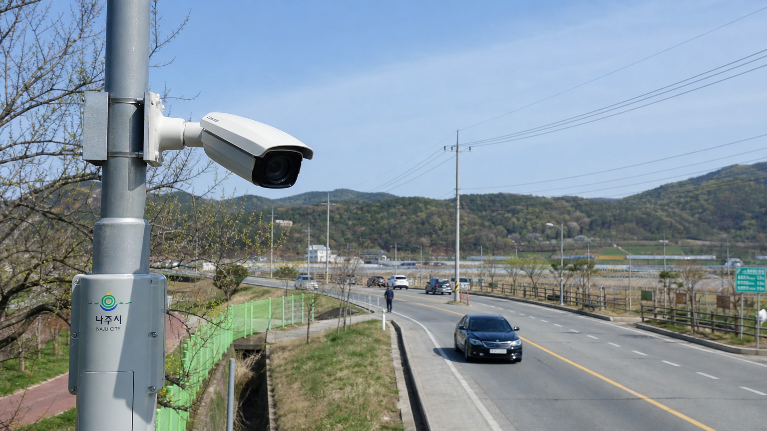 나주 시골 도로에 설치된 CCTV 카메라가 차량과 사람들을 촬영하는 장면