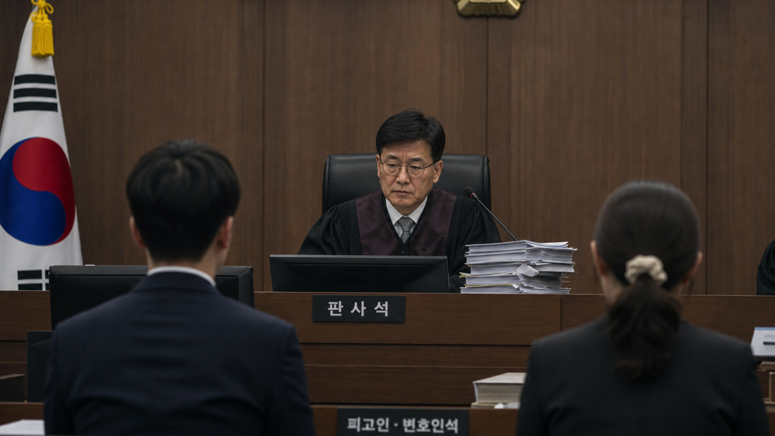 가족 갈등으로 인한 중대한 범죄 재판이 열리는 한국 법정 분위기