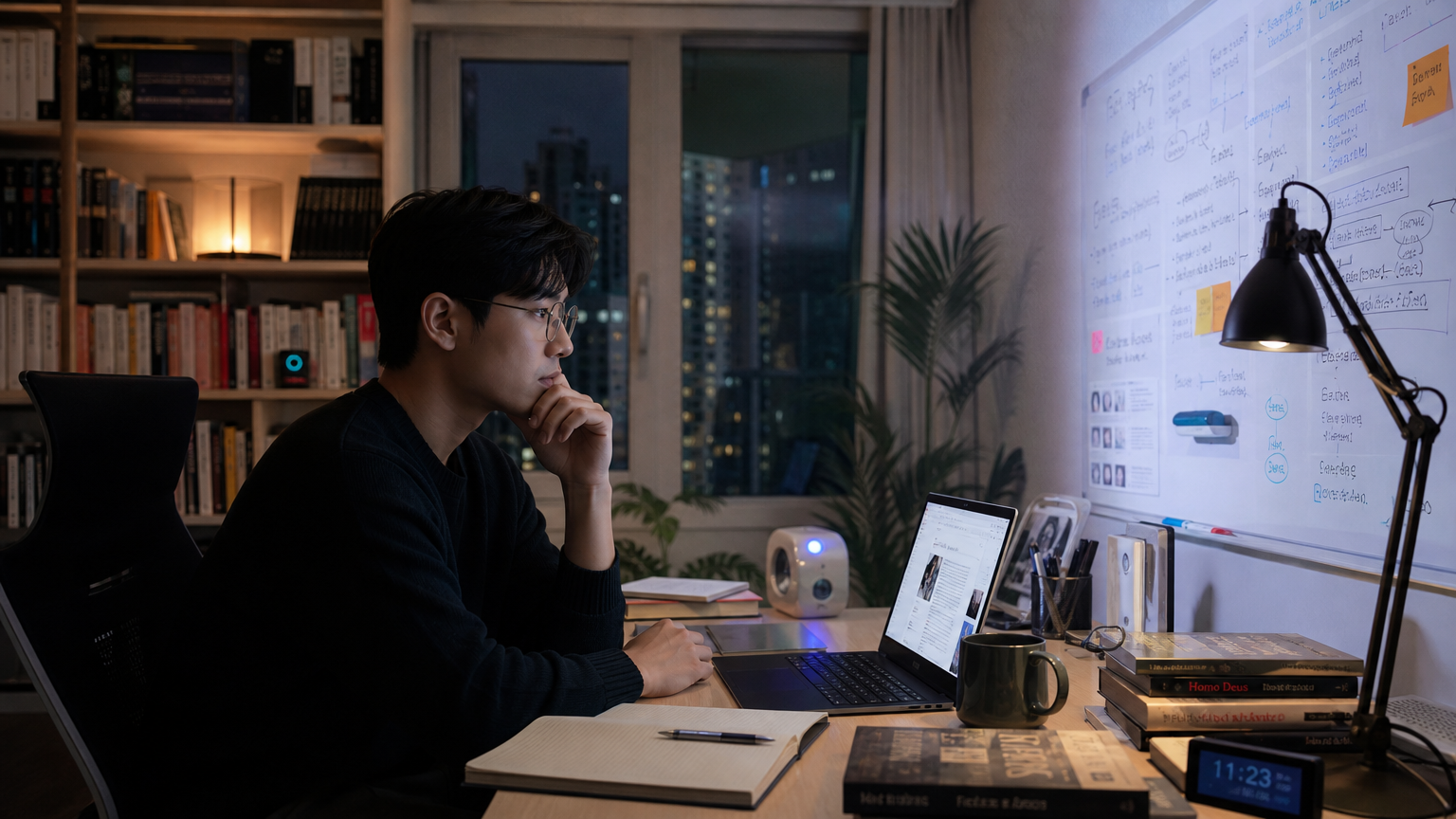 현대식 아파트에서 책과 스마트 기기로 가득 찬 환경 속에서 AI와 겨루는 전략을 짜는 젊은 직장인의 모습