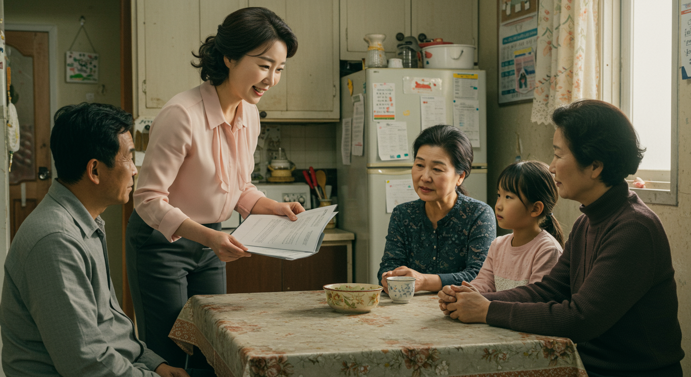 저소득 가정을 방문하여 재정 지원에 대해 설명하는 사회복지사