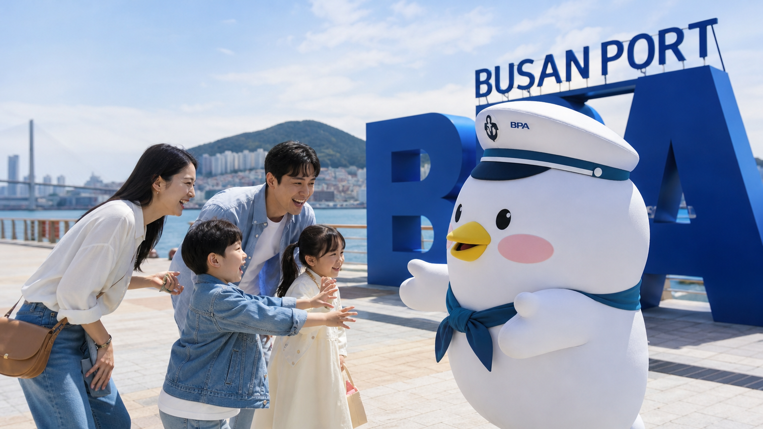 부산항에서 가족들이 마스코트 부캉이를 발견하며 즐기는 모습