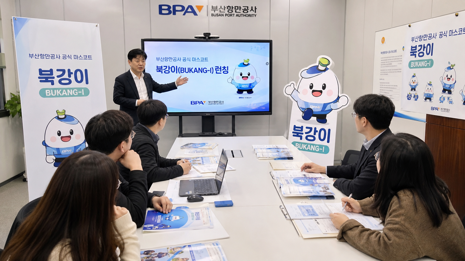 부산항만공사 사무실에서 마스코트 부캉이에 대해 논의하는 관계자들