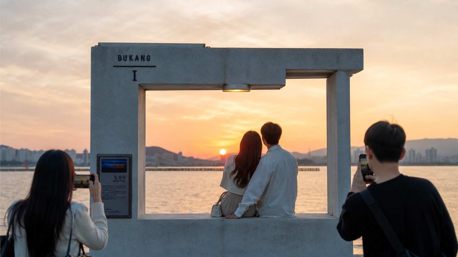 북항 친수공원에서 노을을 배경으로 사진을 찍는 젊은 사람들