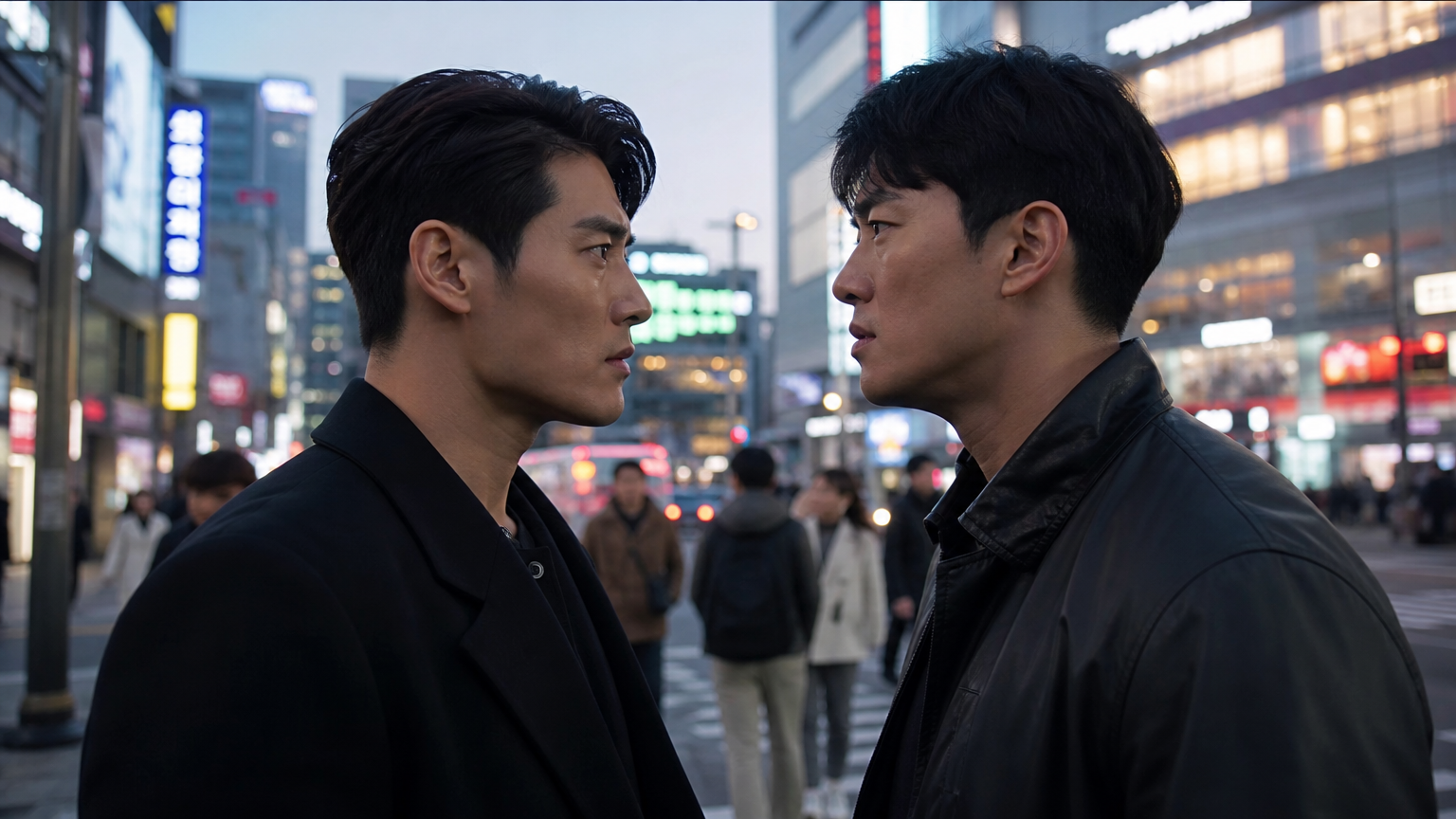 서울 거리 모퉁이에서 두 남성이 강렬한 눈빛으로 대치하는 장면