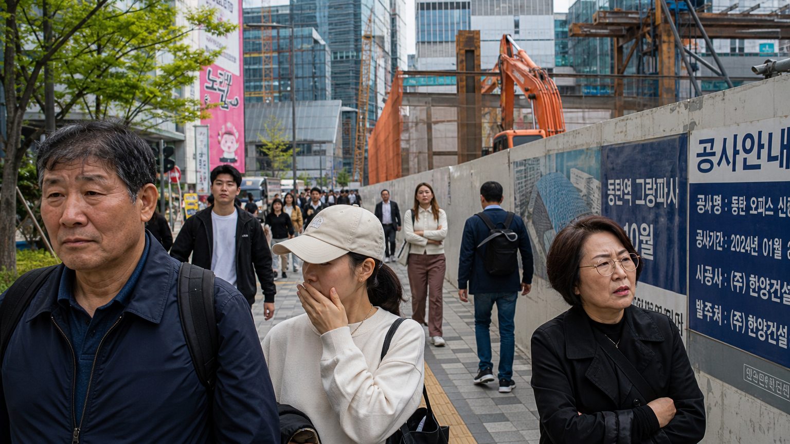 도시 변화에 대한 다양한 반응을 보이는 사람들; 공사 현장 근처 거리에서 안도와 걱정을 표하는 모습