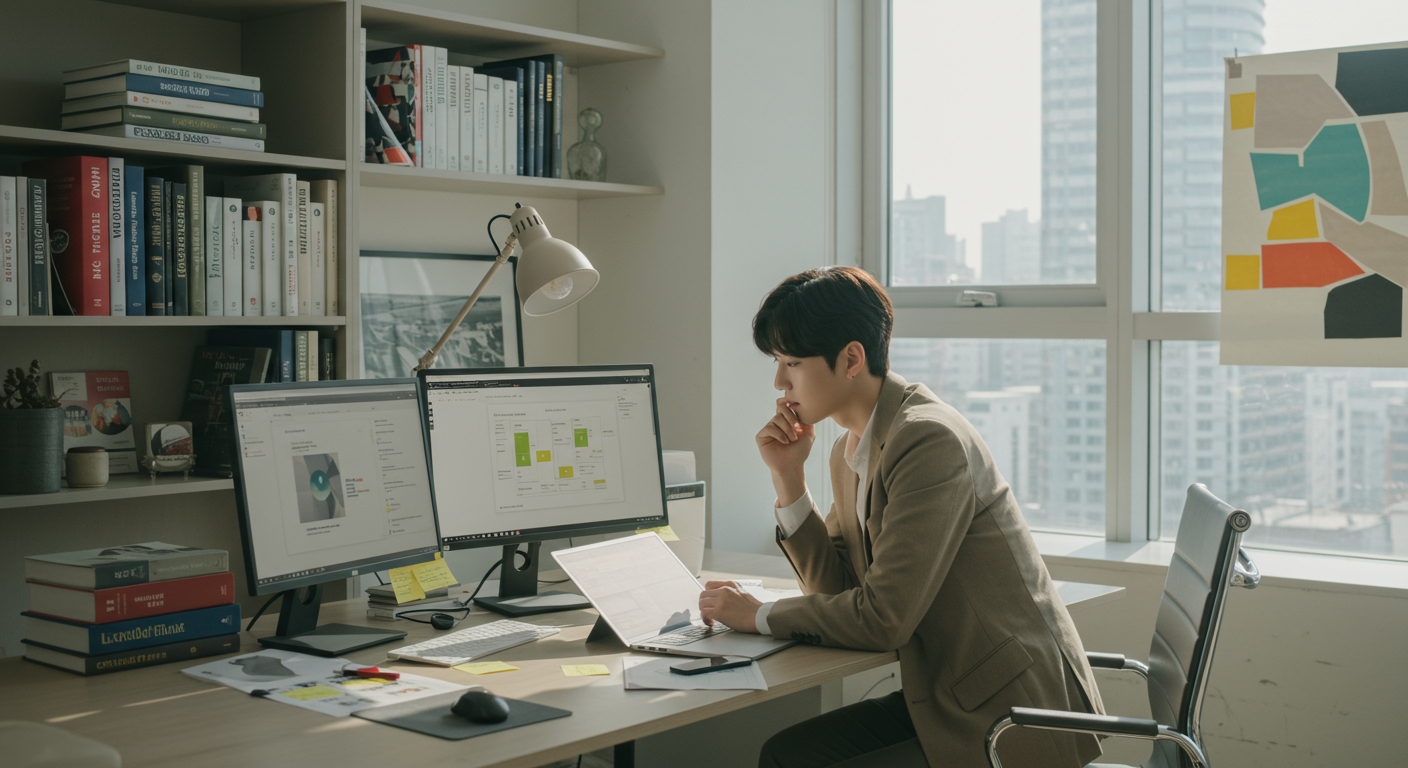 현대 사무실에서 발표를 준비하는 젊은 직장인의 모습, 디지털 도구와 수사학 책들로 둘러싸여 있음.