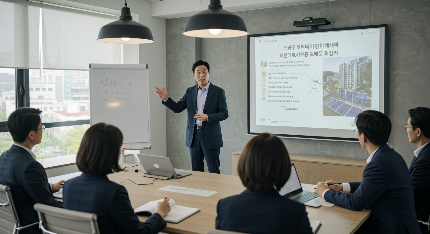 회의실에서 태양광 패널 설치 비용 증가에 대해 논의하는 부동산 개발자