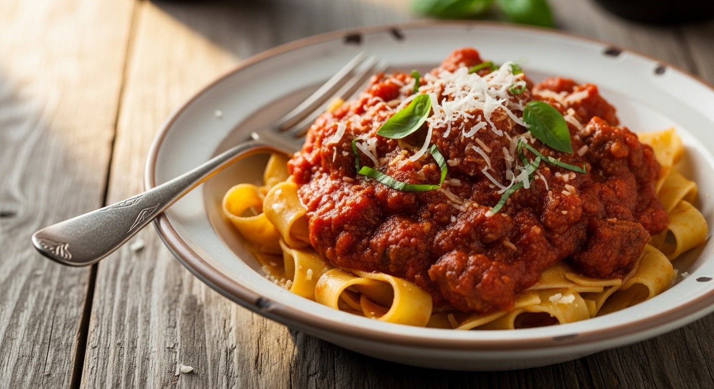 잘 삶아진 면발과 풍부한 토마토 소스가 어우러진 라구 파스타 클로즈업