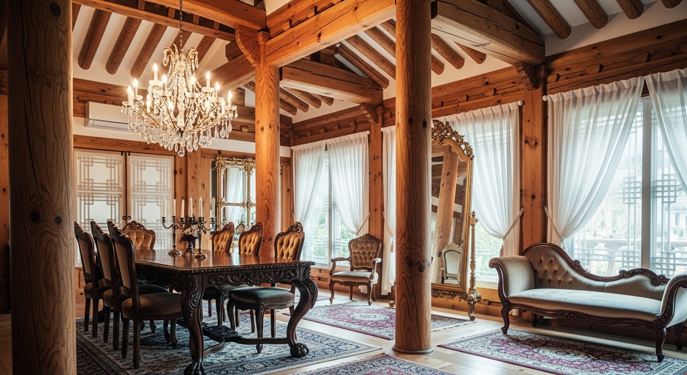 한국 전통 기둥과 유럽 앤티크 가구 및 샹들리에가 어우러진 사진 명소