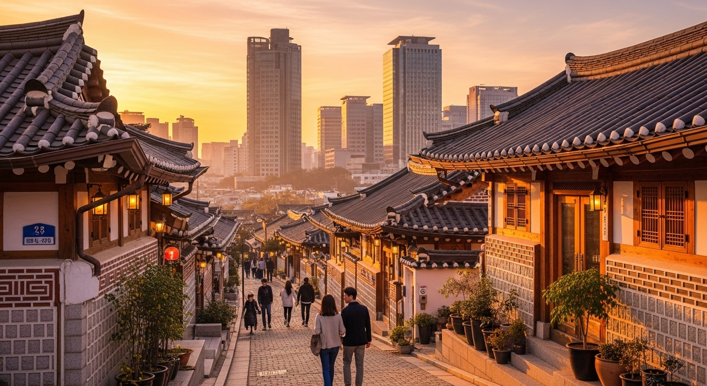 역사적인 한옥 지붕과 현대 도시 풍경이 어우러진 거리에서 산책하는 커플
